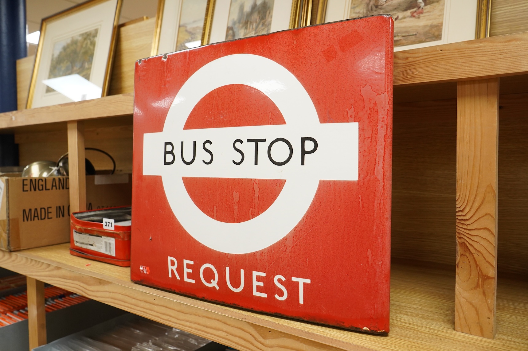 A London Transport double sided enamel Bus Stop Request sign, applied serial number underneath; 24600, and stencil makers mark to the side; Burnham - London